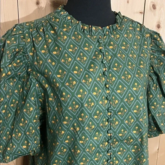 Puffy Sleeve Green Patterned Dress - Picture 3 of 6